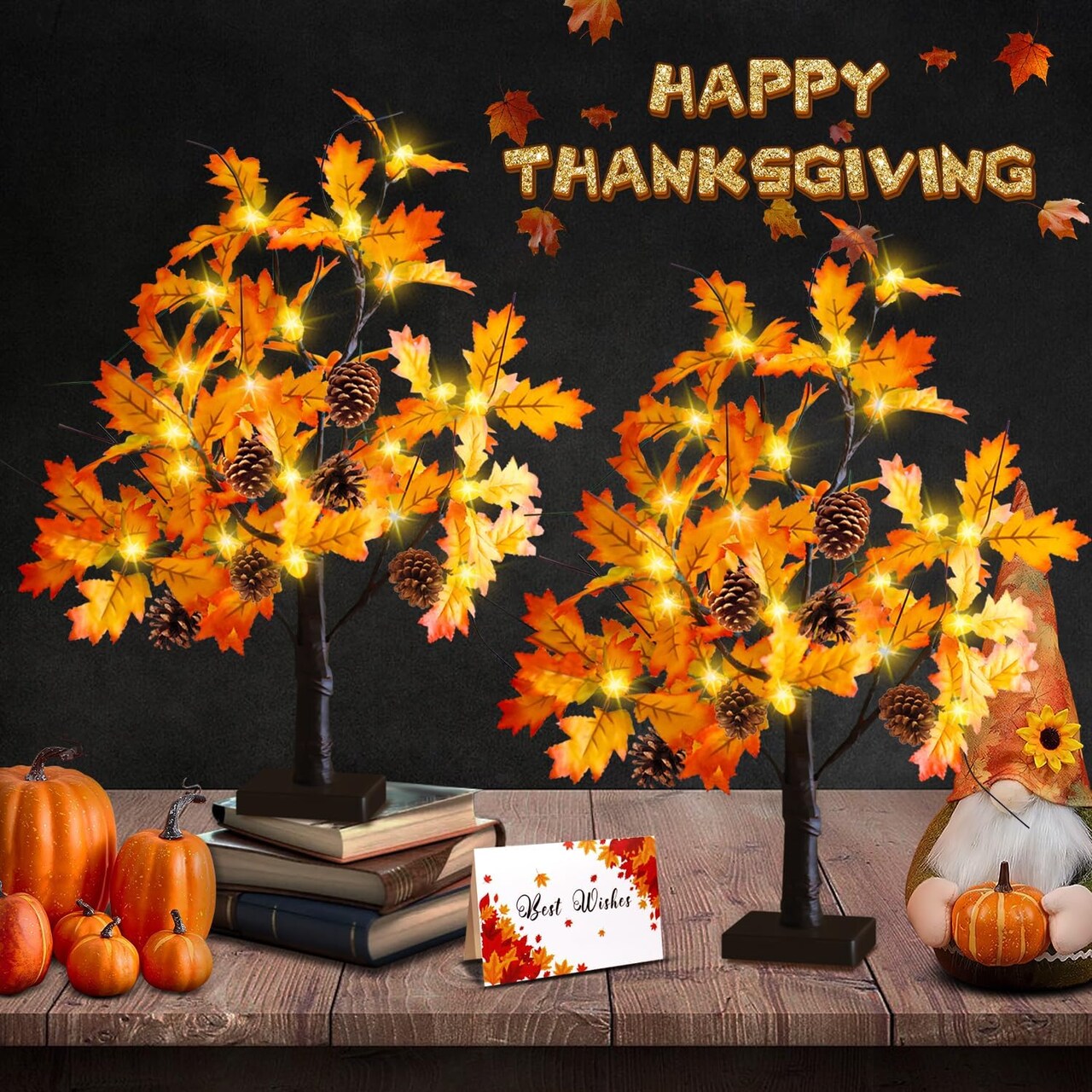 2 Pack Fall Lighted Maple Tree Tabletop - 24 Acorns LED Lights with 6 Pine Cones